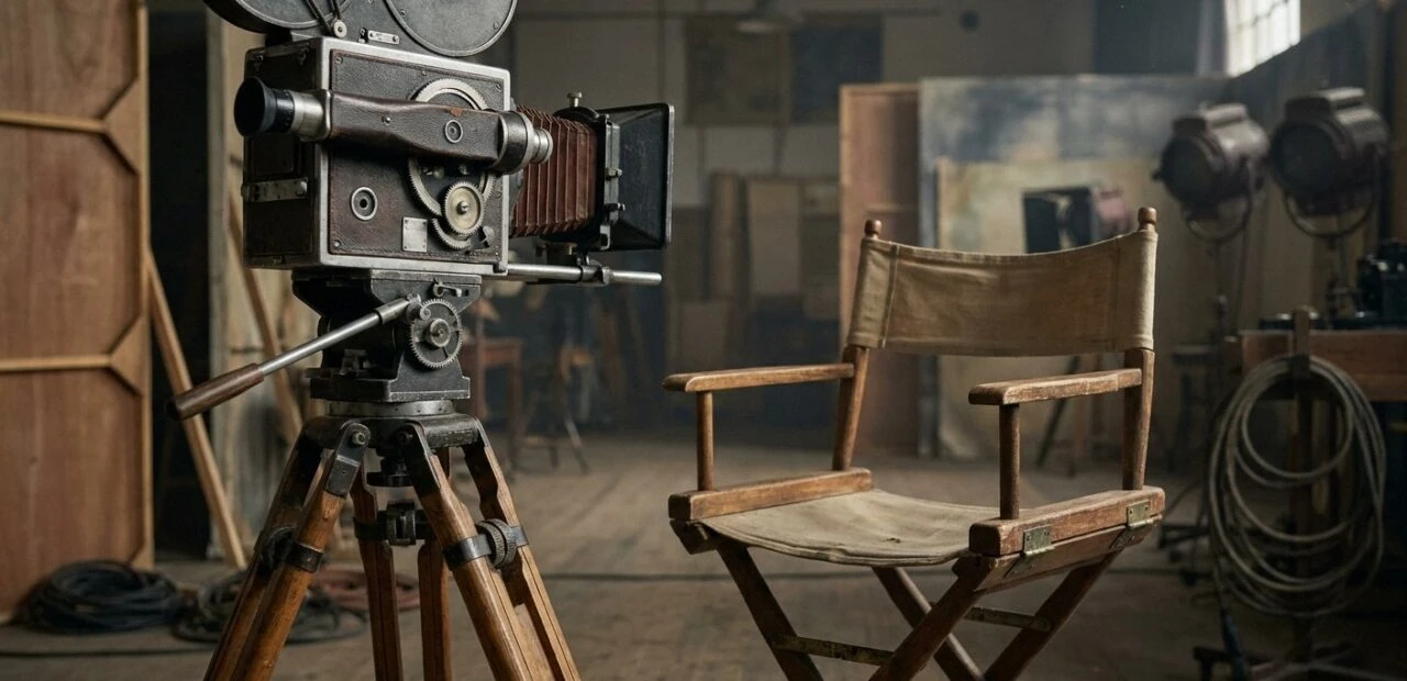 A vintage 1930s European film set with a classic movie camera and an empty wooden director's chair
