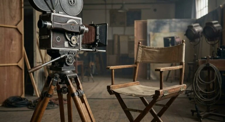 A vintage 1930s European film set with a classic movie camera and an empty wooden director's chair