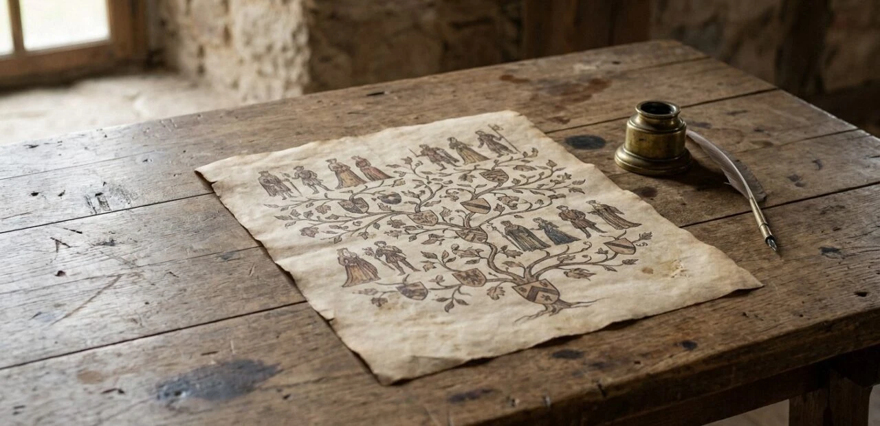 A piece of parchment displaying an illustrated family tree with figures and shields lies on a weathered wooden table. A