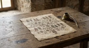 A piece of parchment displaying an illustrated family tree with figures and shields lies on a weathered wooden table. A